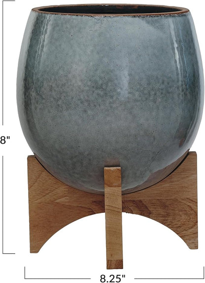 Bloomingville Round Stoneware Planter on a Wood Stand with Reactive Glaze, Grey and Natural