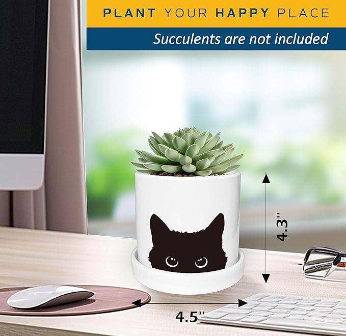 4.3'' Black Cat Ceramic Succulent Pot, Cute Cat Plant Pot with Drainage Hole & Ceramic Tray, Funny Home Office Cactus Planter