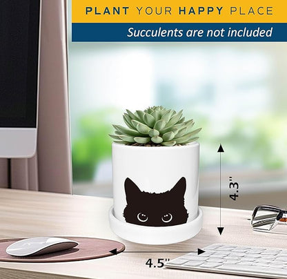 4.3'' Black Cat Ceramic Succulent Pot, Cute Cat Plant Pot with Drainage Hole & Ceramic Tray, Funny Home Office Cactus Planter