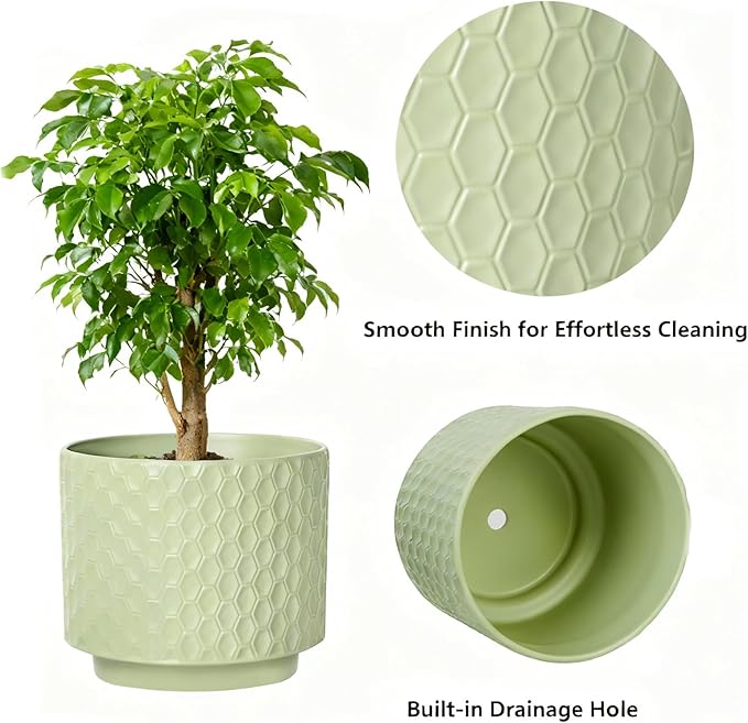 6 Inch Ceramic Pots for Indoor Plants with Drainage Hole & Floral Design, Planter for Home Decor on Windowsill, Tabletop, Office (Light Green)