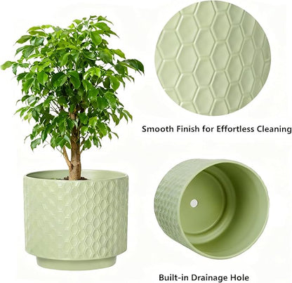 6 Inch Ceramic Pots for Indoor Plants with Drainage Hole & Floral Design, Planter for Home Decor on Windowsill, Tabletop, Office (Light Green)