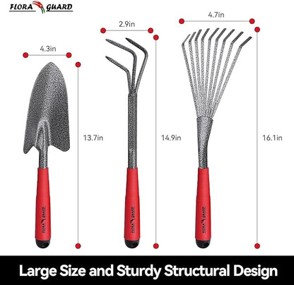 FLORA GUARD Garden Tools Set, 6-Piece Heavy Duty Gardening Hand Tools with Soft Rubber Handle, Includes Trowel, Rake, 2-in-1 Hoe & Crack Weeder, Durable Yard Tools, Essentials Garden Gift Men Women