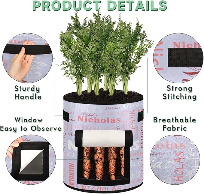 Custom Name Grow Bags 10 Gallon Personalized Breathable Potato Growing Bag with Flap Harvest Window and Handles Garden Planting Bag for Tomato Vegetable Fruits 2 Pack Quartz Color