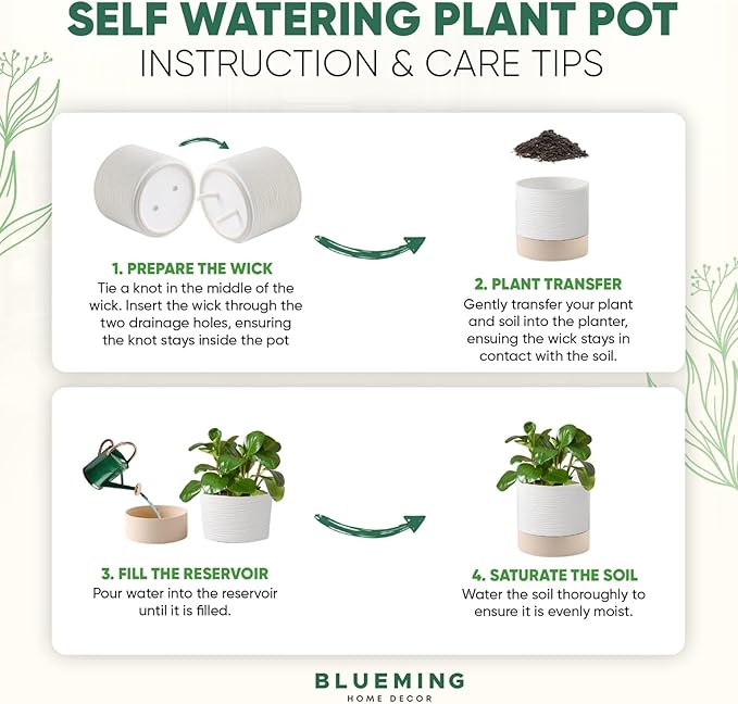 Ceramic Self Watering Plant Pots – 6 Inch Planter for Indoor House Plants with Drainage & Water Storage for Succulents (White & Beige, 7" Tall)