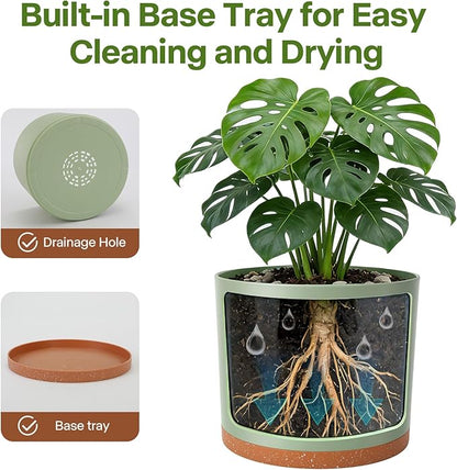 GARDIFE 10/9/8 Inch Modern Cylinder Planter, Plant Pots for Indoor Outdoor Plants, Flower Pots with Drainage Holes and Saucers for Garden Succulent Nursery House Plants (Green-Brown)