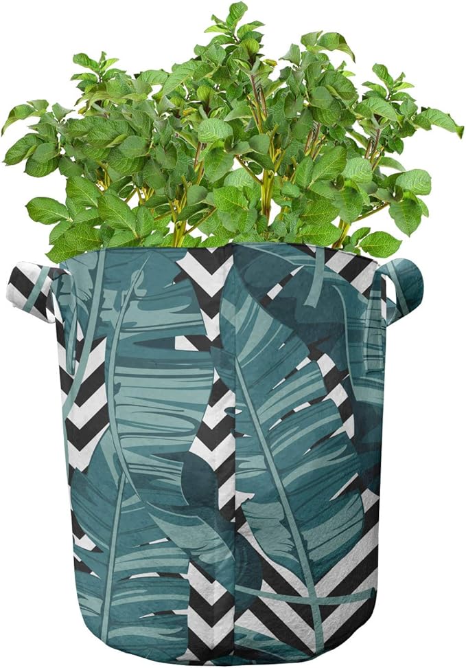 Ambesonne Tropical Grow Bags 5-Pack, Rainforest Foliage Striped, Heavyduty Fabric Pots with Handles for Plants, Teal Grey