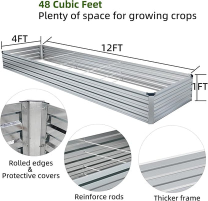 2 Pack 12x4x1FT Galvanized Raised Garden Bed Kit, Outdoor Metal Planter Box for Vegetables, Bottomless Rectangular Gardening Bed with Support Rods, Tool-Free Assembly, Silver