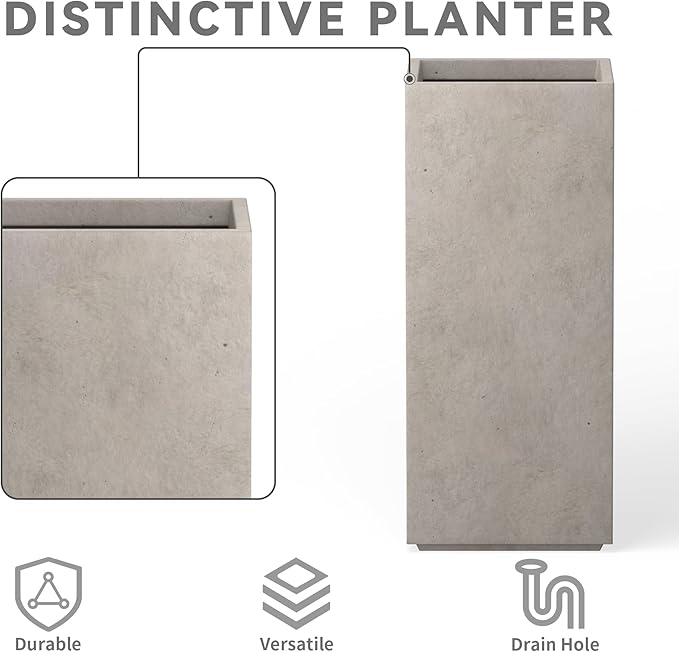 Kante 23.6" H Tall Rectangular Concrete Planter, Modern Square Diameter Plant Pot with Drainage Hole and Rubber Plug for Indoor Outdoor Home Patio Garden, Weathered Concrete