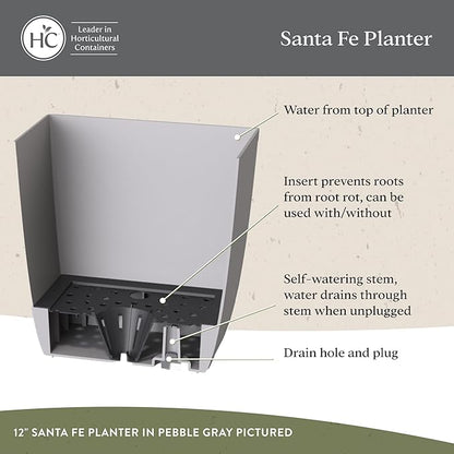 The HC Companies Santa Fe Square Self-Watering Pot - Lightweight Plastic Planter for Herbs & More - Durable Plant Pots for Indoor Plants & Outdoor Plants (16” Pebble Gray, Pack 2)