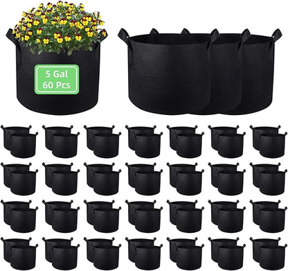 5 Gallon Garden Grow Bags, 60 Pack 5 Gal Planter Fabric Pot, Nonwoven Grow Bags Heavy Duty Aeration Fabric Pots with Handles, Garden Planters for Vegetables Flowers (5 Gal)