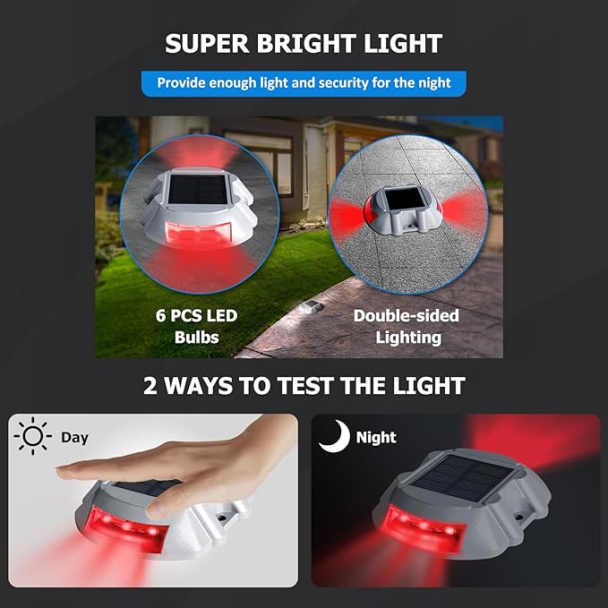 JIGUOOR Solar Deck Lights LED Driveway Lights Solar Powered Dock Light Outdoor IP68 Waterproof Road Markers for Step Sidewalk Stair Boat Garden Ground Pathway Yard (Red, 1 Pack)