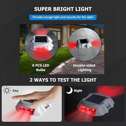 JIGUOOR Solar Deck Lights LED Driveway Lights Solar Powered Dock Light Outdoor IP68 Waterproof Road Markers for Step Sidewalk Stair Boat Garden Ground Pathway Yard (Red, 1 Pack)