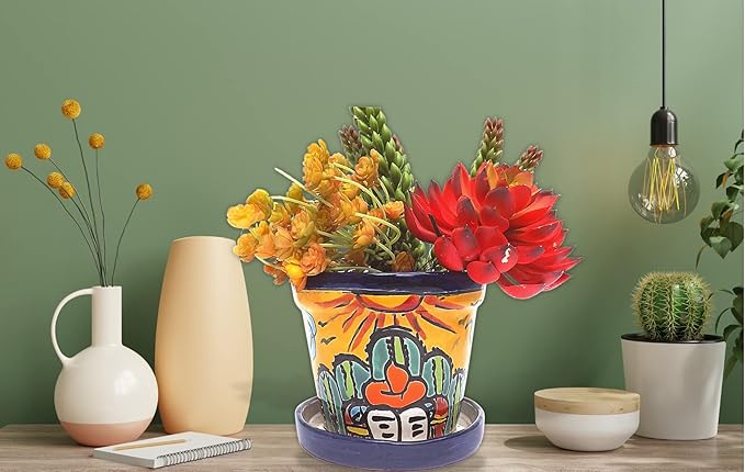 Talavera Mexican Pottery Planters with Saucer 4" Rancherito - Cactus - Sun Pot Hand Painted Ceramic Plant Pot Planter Indoor Outdoor (Rancherito)