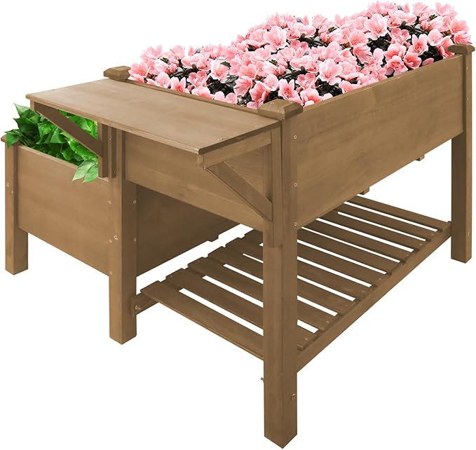 PetsCosset Raised Garden Bed, Outdoor Wood Elevated Planter Box, FirWood Garden Beds with Storage Shelf, Protective Liner, Table Ledge,for Vegetable, Herb, and Flower Cultivation (2 Storey)
