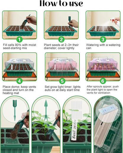 Seed Starter Tray with Grow Light and Heat Mat, Seed Starter Kit with Humidity Dome and Timing Controller, Adjustable Vent and Brightness, Ideal Germination Tray for Seed Starting and Seedling Growing