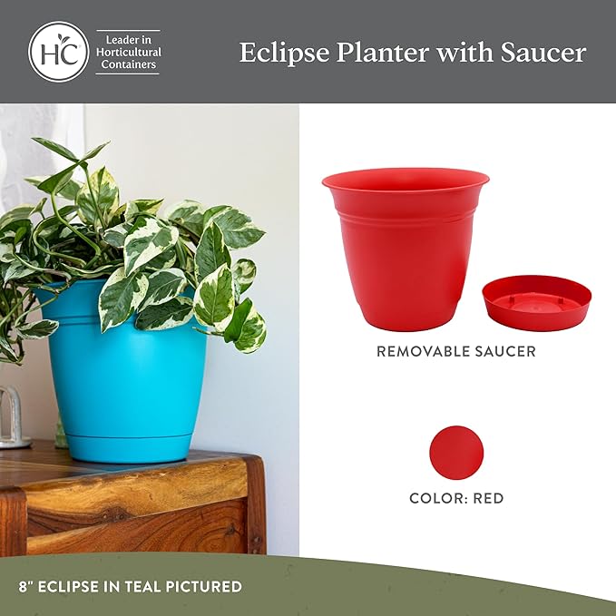 The HC Companies Eclipse Round Planter with Saucer - Outdoor & Indoor Plant Pot with Drainage Holes - Lightweight, UV-Resistant Plastic Pots for Plants, Flowers & Herbs (8" Red, Pack of 1)
