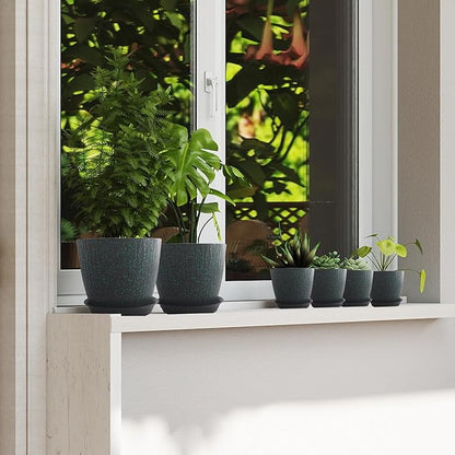 8/7/6 inch Plant Pots, 3 Pack Flower Pots for Outdoor Indoor Garden Plants, Large Planters with Multi Mesh Drainage Holes and Saucer (Black with Green Speckles, 8"+7"+6")