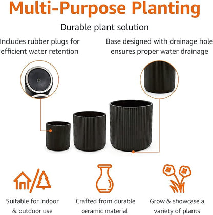 Amazon Basics Fluted Ceramic Round Planters with Drainage Hole, Indoor Outdoor Flower Pots, Assorted Sizes 6, 8, 10 inch, Set of 3, Black