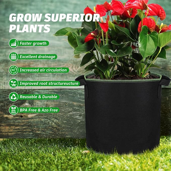 Grow Bags Fabric Plant Bag: 5 Pcs 4 Gallon Planter Bags with Handles - Heavy Duty Grow Pots Nonwoven Garden Bag for Plants Flower Vegetable Gardening