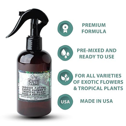 Cute Farms Indoor Potted Exotic Flower & Tropical Plant Fertilizer | Gentle Weekly Use Formula Plant Food (Three - 8 oz. Spray Bottles)