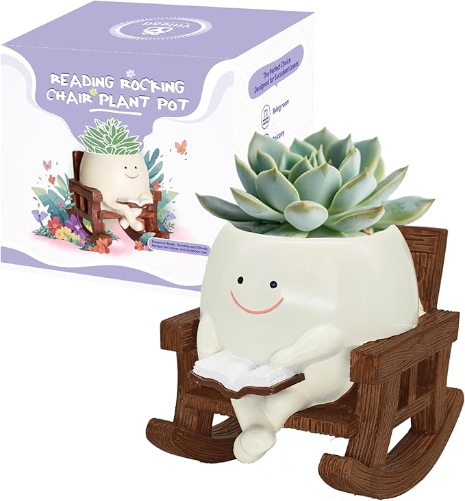 Smiley Face Planter Pot, Cute Plant Pots for Indoor Outdoor, Unique Reading Rocking Chair Plant Pot for Succulents Plants Live with Drainage Hole, Gift Idea for Mother Day and Christmas