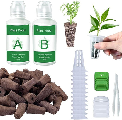 Seed Pods Kit Hydroponics Supplies with 12 Square Grow Sponges, 12 Square Grow Baskets, 12 Grow Domes, A&B Solid Nutrient Plant Food, 12 Labels and 1 Tweezer, Compatible with QYO, LYKO, iDOO IG201