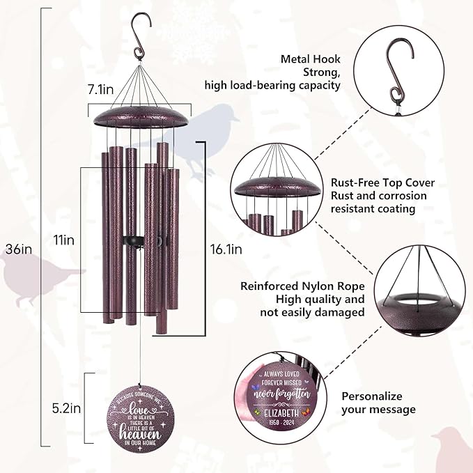 ASTARIN Personalized Memorial Wind Chime for Loss of Loved One 30/36/45 inch, Sympathy Deep Tone Wind Chimes for Mom Dad/Mother Father, Remembrance Gifts for Grief Condolence Funeral, Produced in USA