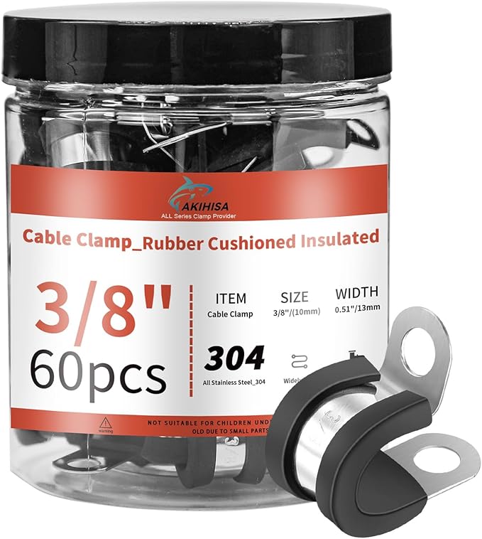 AKIHISA 60Pcs 3/8 Inch Cable Clamps, 304 Stainless Steel Conduit Clamps, for Cable, Pipe, Hose, Fuel Line, Metal Wire Cord Installation