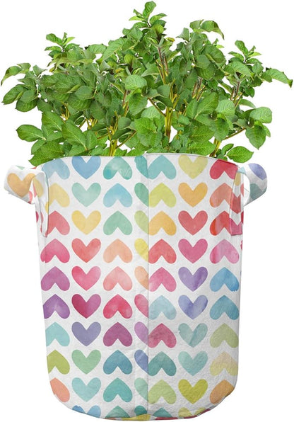 Ambesonne Watercolor Grow Bags 5-Pack, Paintbrush Effect Hearts, Heavyduty Fabric Pots with Handles for Plants, Pale Pink