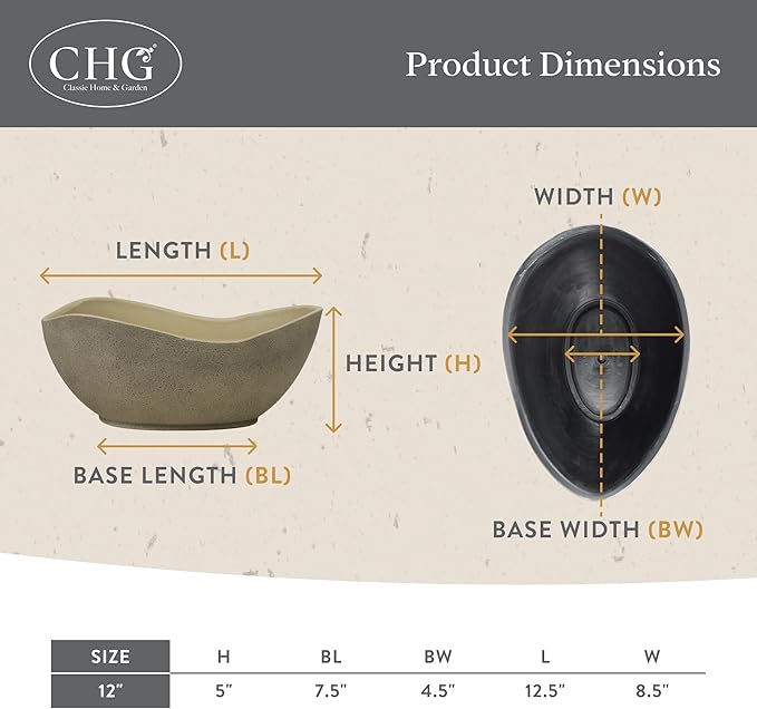 Classic Home and Garden Arc Unique Planter Bowl w/Drain Plug - UV Resistant Shallow Planter - Modern Plant Pot for Herbs (12” Stone)