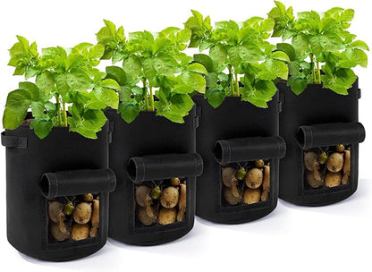 Backyard Expressions 10-Gallon Potato Grow Bags – Set of 4 Fabric Planter Bag with Harvest Window & Handles – Reusable, Breathable, Durable for Vegetables, Herbs & Root Crops