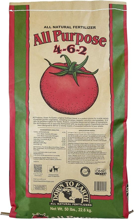 Down To Earth All Natural Fertilizers Organic All Purpose Tomato & Vegetable Mix - Plant Food for Tomatoes, Peppers, Herbs and Flowers 4-6-2, 50 lb