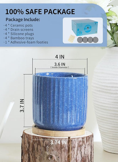 TAMAYKIM 4 Inch Cylinder Ceramic Plant Pots with Drainage Holes & Saucers, Glazed Small Boho Planters with Trays for Indoor Flower, Snake Plants, Succulent, Cactus, Blue, Set of 4
