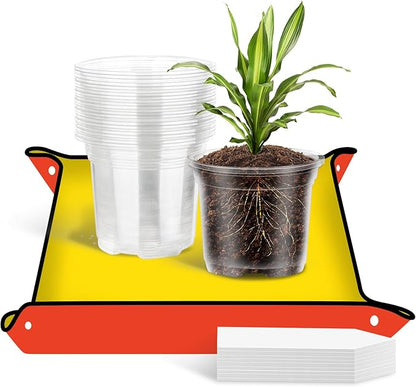 30Pcs Plastic Plant Pots with Repotting Mat,6 Inch Clear Nursery Pots with Drainage,Clear Nursery Pots with 30pcs Plant Labels,29inch*39inch PE Planting Mat for Indoor Garden Plants