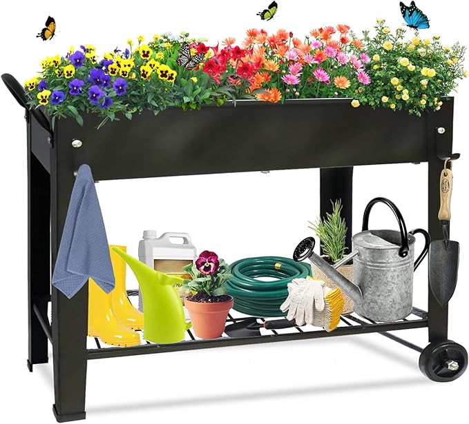 Raised Garden Planter Beds with Wheels Legs, Large Planters Box for Indoor Outdoor Plants,Metal Galvanized Elevated Rectangle Herb Planter Box for Vegetables Flower Patio 31.5" H