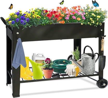 Raised Garden Planter Beds with Wheels Legs, Large Planters Box for Indoor Outdoor Plants,Metal Galvanized Elevated Rectangle Herb Planter Box for Vegetables Flower Patio 31.5" H