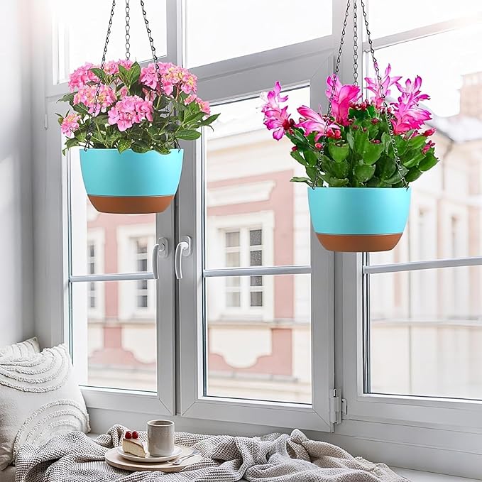 Hanging Planters for Indoor Plants, Set of 2 8/10 Inch Self-Watering Hanging Pots with Drainage Hole & Removable Water-Storage Tray II Screw-in Hooks II