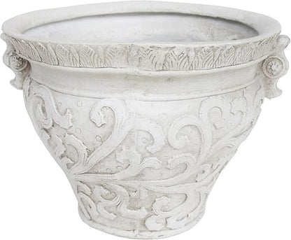 Christopher Knight Home Armis Round Concrete Planter, Indoor Outdoor Garden Plant Pot with Drainage Hole, Floral Relif Patio Urn Planter for Front Porch/Backyard, Outdoor Planter Box, Antique White