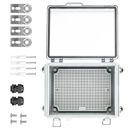 Waterproof Outdoor Project ABS Plastic Junction Box，IP67 Waterproof Clear Enclosure Boxes for Outdoor Garden with Hinged Cover, Mounting Plate, Wall Brackets, Cable Glands (Clear,10.2"x6.3"x4.3")