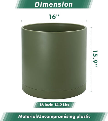 D'vine Dev 16 Inch Plastic Planter Pots for Plant Pot with Drainage Hole and Seamless Saucers, Olive, 74-X-I-5