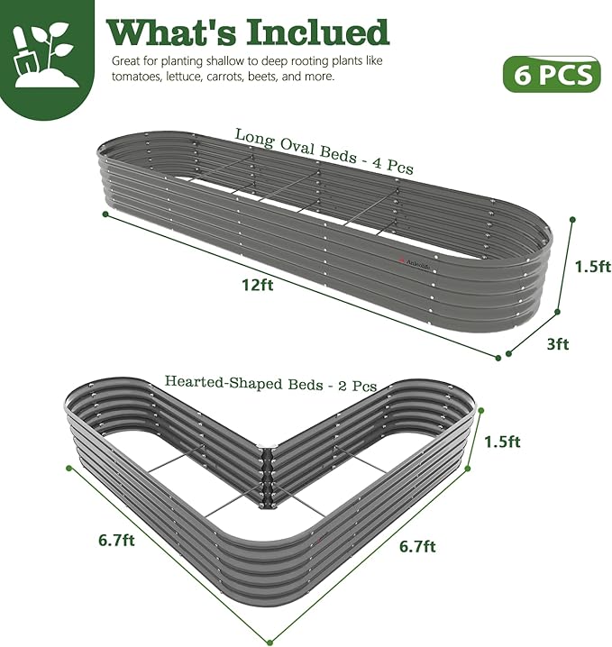 A ANLEOLIFE 6-Piece 18 Inch Tall Quartz Grey Raised Garden Beds Kit, Heart-Shaped & Long Oval Planters for Creative Garden Layouts.