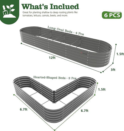 A ANLEOLIFE 6-Piece 18 Inch Tall Quartz Grey Raised Garden Beds Kit, Heart-Shaped & Long Oval Planters for Creative Garden Layouts.