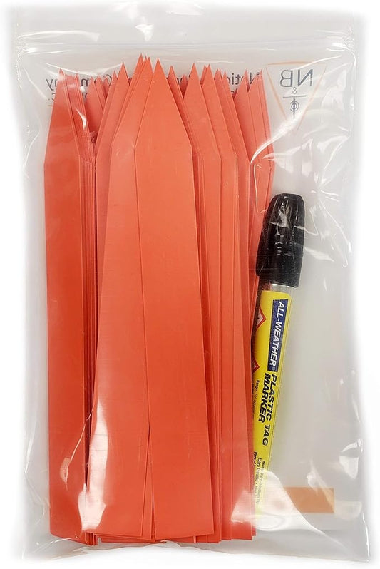 Large 1" x 8" Orange Plastic Plant Labels (Pack of 100 Labels) & 1 All-Weather Marker