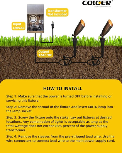COLOER Brass Landscape Spotlights, 12 Pack Landscape Light Fixture with 5W Aluminum Housing MR16 LED Bulb 2700K 450LM, 12V AC/DC Low Voltage Outdoor Spot Lighting, Uplight for Garden and Patio(102B)