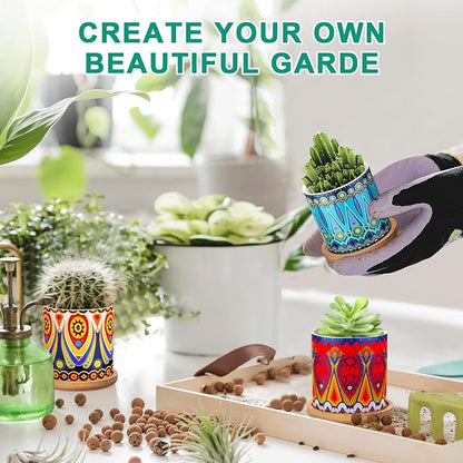 Zopeal 8 Pcs 3 Inch Succulent Planter Pot Ceramic Cactus Pots with Drainage Holes and Bamboo Trays for Indoor Plants Flowers for Home Garden Mexican Party Decor
