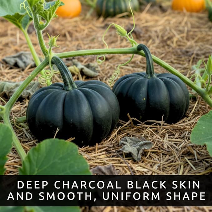 Exotic Black Kat Pumpkin Seeds for Planting (10 Seeds) – Deep Black, Smooth-Skinned Pumpkins – Rare Decorative Variety for Fall Gardens, Halloween Displays & Autumn Décor