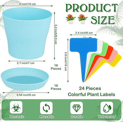 Aodaer 16 Pack 4 Inch Plastic Planters with Multiple Drainage Holes and Tray Indoor Outdoor Flower Plant Nursery Pots with Labels Flower Seedling Pots for Herb Garden Home Succulents, Assorted Colors