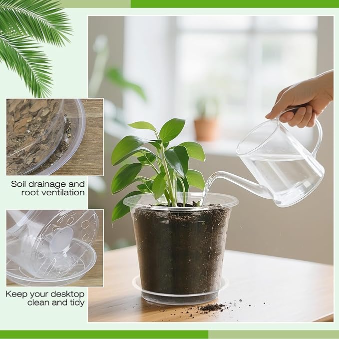7 Inch Clear Nursery Pots with Drainage Trays, 15 Pack Plastic Pots for Plants, Clear Pot for Seed Starting, Transplanting, Succulents, and Indoor Gardening (7 inch)