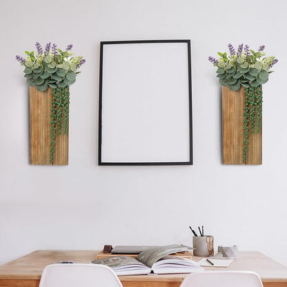 Wood Wall Planters 2 Pack with Artificial Greenery Plants - Pocket Wall Vases for Dried Flowers - Wood Wall Decor Hanging Planters for Living Room, Bedroom, Home Decor - Brown