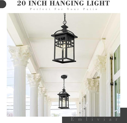 Emliviar 20 Inch Outdoor Pendant Light for Porch, Outdoor Chandelier for Porch, Die-Cast Aluminum with Seeded Glass, Black Finish, DE281H-M BK